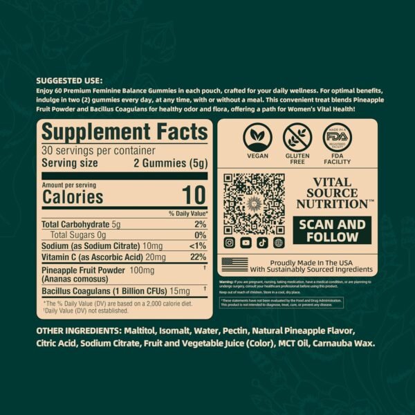 Vital Source Nutrition - Premium Feminine Balance Gummies - for Women’s Health & Wellness - Immune Support - Vegan, Gluten-Free - Hawaiian Pineapple - 60 Gummies - 30 Servings - Image 5