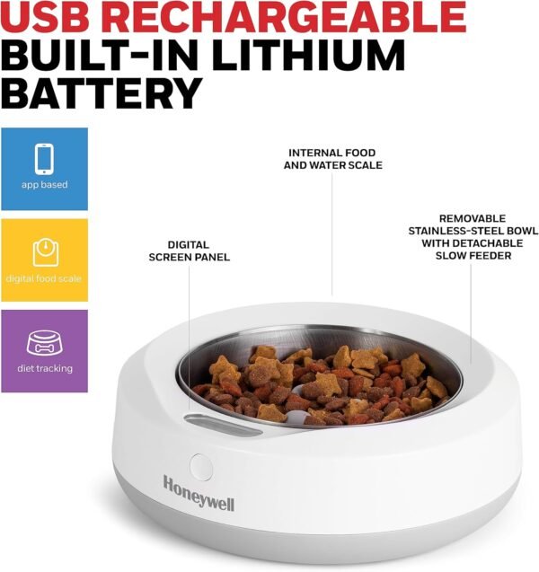 Honeywell Smart Pet Bowl with Built-in Food Scale and Removable Slow Feeder Insert, App-Based, WiFi Enabled, 2-Cup Capacity, USB Rechargeable, Ideal for Monitoring Pet's Eating Habits - Image 6