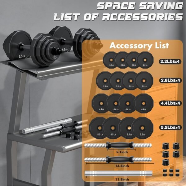 KISS GOLD Weights Dumbbells Set, Adjustable Dumbbell Sets 22Lbs 44Lbs 66Lbs 88Lbs with Solid Steel, Barbell Free Weight Set with Connector Workout Home Gym Equipment for Men Women Strength Training Shaping - Image 7