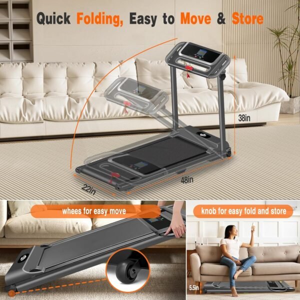 Folding Treadmill, 3.0HP Portable Foldable Treadmills for Home with 12 Preset Programs, LED Display, Compact Small Treadmill for Office, Walking Pad Treadmill, 300 LBS Capacity - Image 6