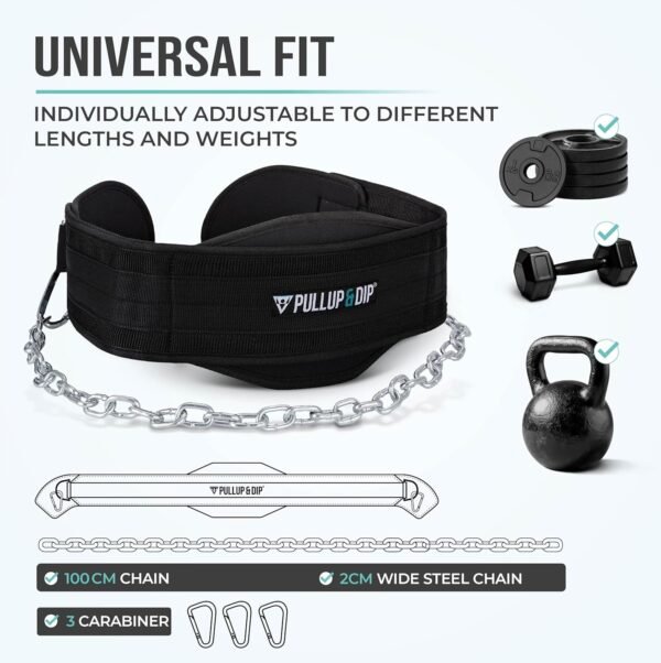 PULLUP & DIP Belt with Chain and 3x Carabiner, Dip Belt incl. Neoprene Flaps as Clothing Protection, Weightlifting Belt, Weighted Belt, Pull-Up Belt for Calisthenics, Weight Training, Bodybuilding - Image 6