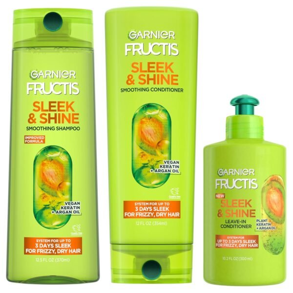 Garnier Fructis Sleek & Shine Shampoo, Conditioner + Leave-In Conditioer Set for Frizzy, Dry Hair, Plant Keratin + Argan Oil (3 Items), 1 Kit (Packaging May Vary) - Image 2