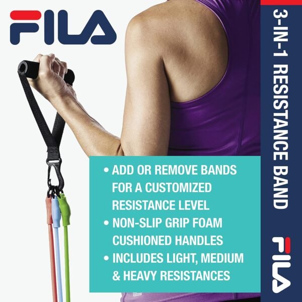 FILA Accessories 3-in-1 Tube Resistance Bands with Handles - 3 Adjustable Exercise Band Levels - Pull Up Bands for Workouts, Physical Therapy, Fitness at Home, Gym, and Outdoors - Image 3