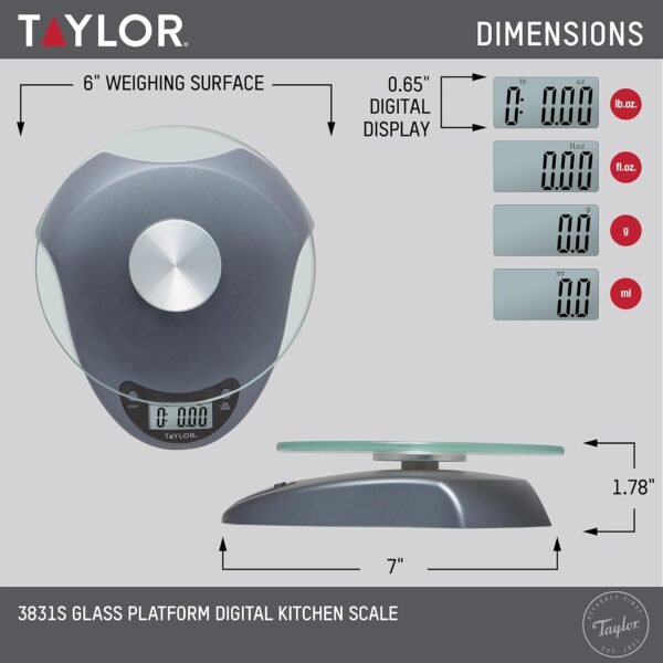 Taylor Digital Kitchen Scale with Glass Platform, Tare Button, and Plastic Body Weighs up to 11 Pounds Capacity, Silver - Image 3