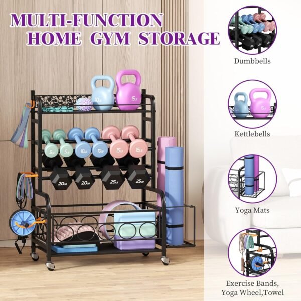 Weight Rack for Dumbbells, Dumbbell Rack Weight Stand, VOPEAK Home Gym Storage Rack for Yoga Mat Kettlebells and Strength Training Equipment, Weight Storage Holder Rack for Dumbbells with Wheels - Image 4