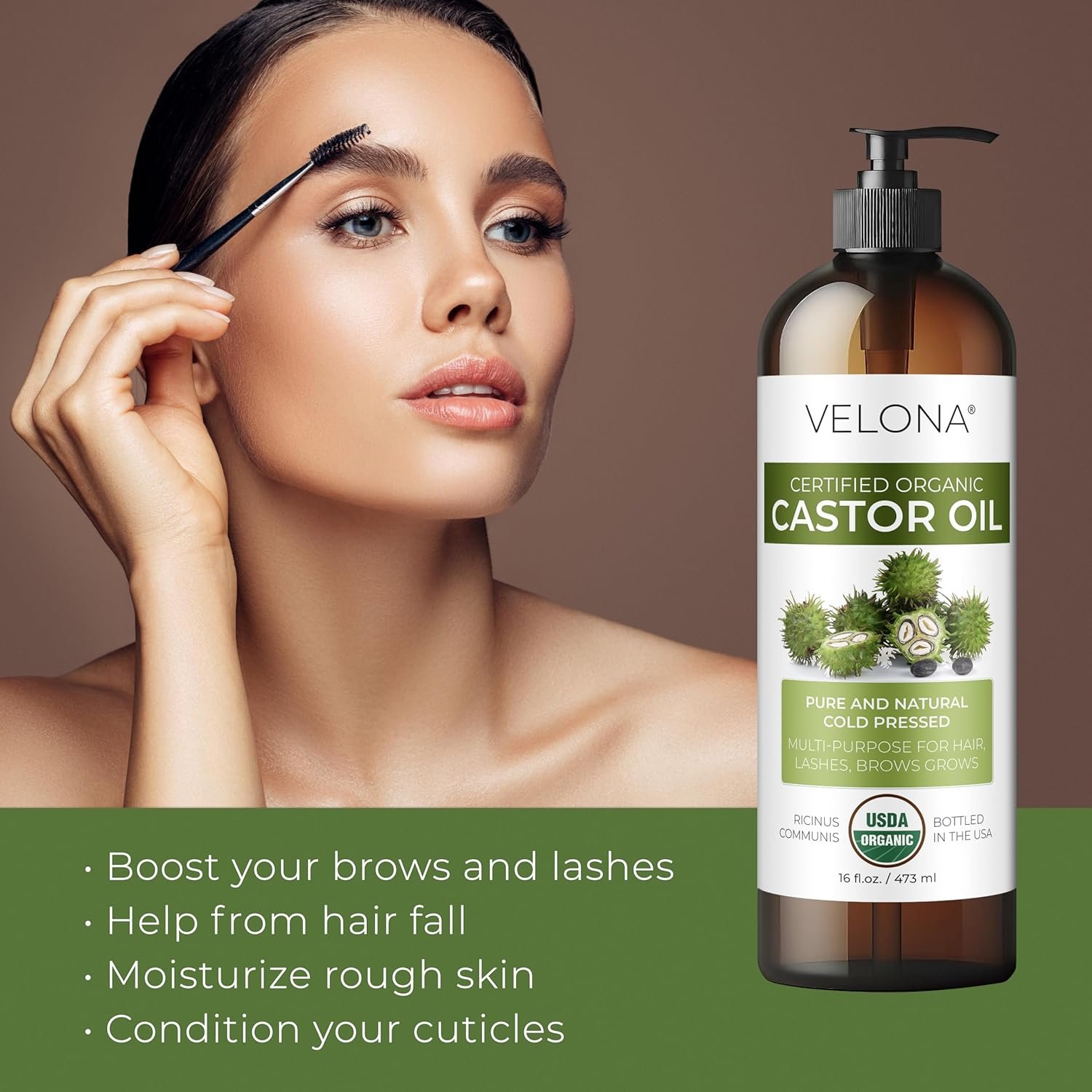 velona USDA Certified Organic Castor Oil - 16 fl oz (With Pump) | For Hair Growth, Boost Eyelashes, Eyebrows | Cold pressed, Natural Oil, USP Grade | Hexane Free, Lash Serum, Caster - Image 4