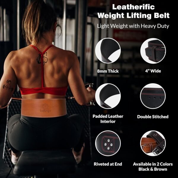 Premium Leather Weight Lifting Belt for Men & Women - 8MM Thick, 4" Wide, Heavy Duty Gym Belt with Steel Buckle for Weightlifting, Powerlifting, Strength Training, Squat or Deadlift Workout, Lower Back Support - Image 3