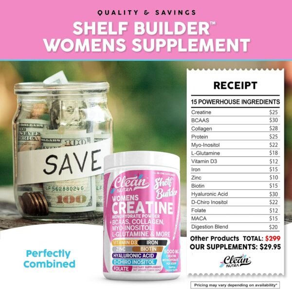 Creatine for Women | Creatine Monohydrate + BCAA Powder Myo-Inositol Collagen Biotin Hyaluronic Acid Folate L Glutamine Vitamin D3 Iron Zinc D-Chiro-Maca Digestion Shelf Builder by Clean Nutra - Image 10