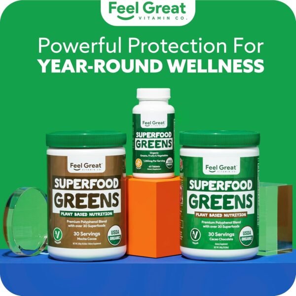 Feel Great Vitamins Super Greens Tablets | Organic Greens, Fruits and Veggies Supplement | Fruit and Veggie Supplement with Kale, Spinach Extract, Green Onion, and More, 60 Tablets - Image 10
