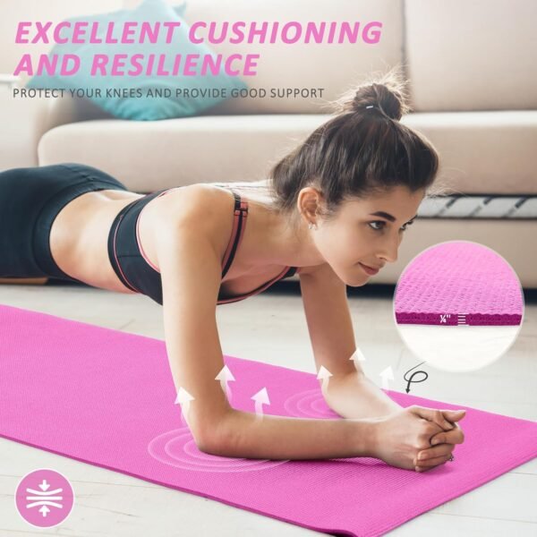 All Purpose 0.25 Inch Thick High Density No Tear Exercise Yoga Mat with Strap & Lightweight Features for Indoor & Outdoor Use, Pink - Image 4