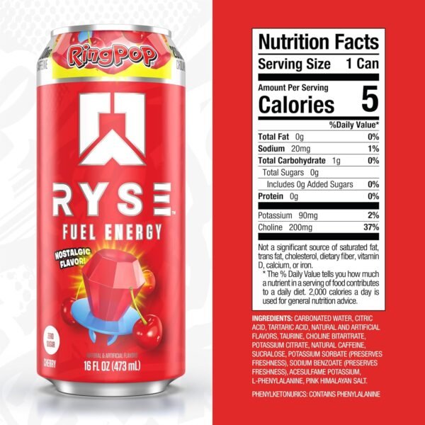 RYSE Fuel Sugar Free Energy Drink | Vegan Friendly, Gluten Free | No Fillers & No Artificial Colors | Low Calorie | 200mg Natural Caffeine | 12 Pack (Cherry Ring Pop) - Image 3