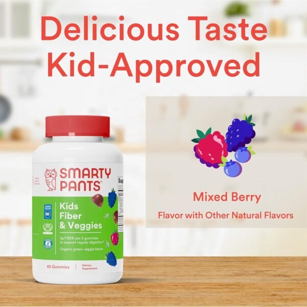 SmartyPants Kids Fiber & Veggies: Prebiotic Fiber Supplement Gummies for Kids with Inulin, Organic Green Veggie Blend, Vegan, Gluten Free, Mixed Berry Flavor, 60 Count (30 Day Supply) - Image 7