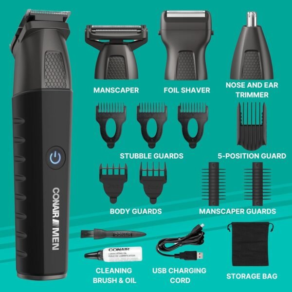 Conair Men All-in-One Trimmer for Men - Nose Hair, Beard, Mustache, Body Hair Trimmer - 16 Piece Men's Grooming Kit for Manscaping- Showerproof - Rechargeable - Image 3