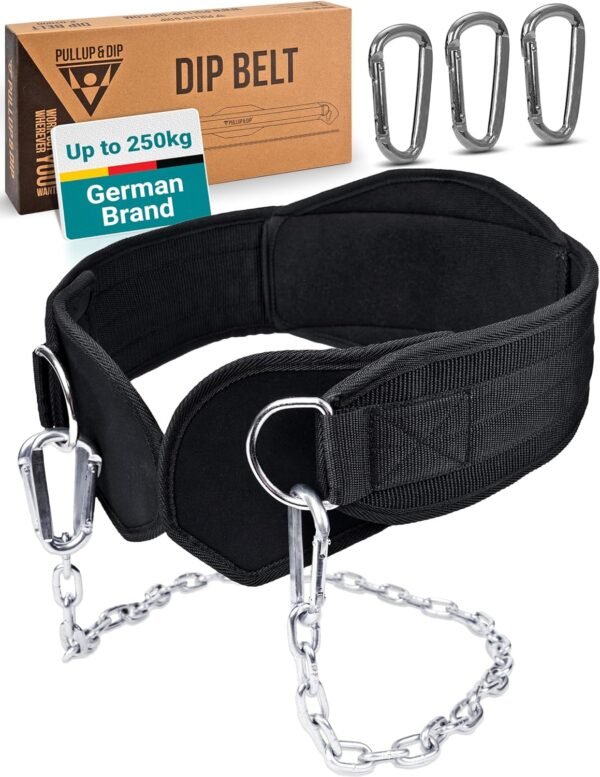 PULLUP & DIP Belt with Chain and 3x Carabiner, Dip Belt incl. Neoprene Flaps as Clothing Protection, Weightlifting Belt, Weighted Belt, Pull-Up Belt for Calisthenics, Weight Training, Bodybuilding - Image 2
