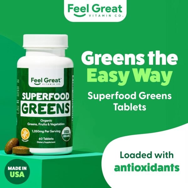 Feel Great Vitamins Super Greens Tablets | Organic Greens, Fruits and Veggies Supplement | Fruit and Veggie Supplement with Kale, Spinach Extract, Green Onion, and More, 60 Tablets - Image 3