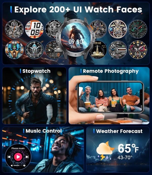 Military Smart Watches for Men(Answer/Make Calls) with LED Flashlight,530mAh Large Battery,1.43’’ AMOLED Fitness Tracker Heart Rate/SpO2/Sleep Monitor 5ATM Smartwatch for Android iOS,100+Sport Modes - Image 10