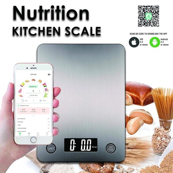 Bluetooth Kitchen Smart Scale with 11 lb Capacity, High-Precision Sensors, Sensor Touch Key, Auto Off Function, Low Battery and Overload Indication, Stainless Steel Platform by True Integral - Image 3