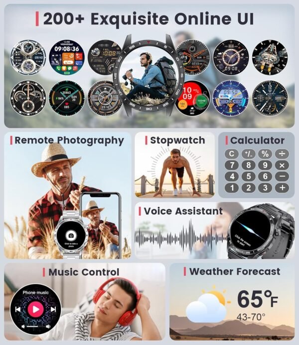 Smart Watch for Men (3 Straps),Answer/Make Calls,1.43'' AMOLED,IP68 Waterproof,110+ Sports Modes Fitness Watch with Sleep Monitor/SpO2/Heart Rate/Pedometer Rugged Smart Watch for Android/iOS Silver - Image 9