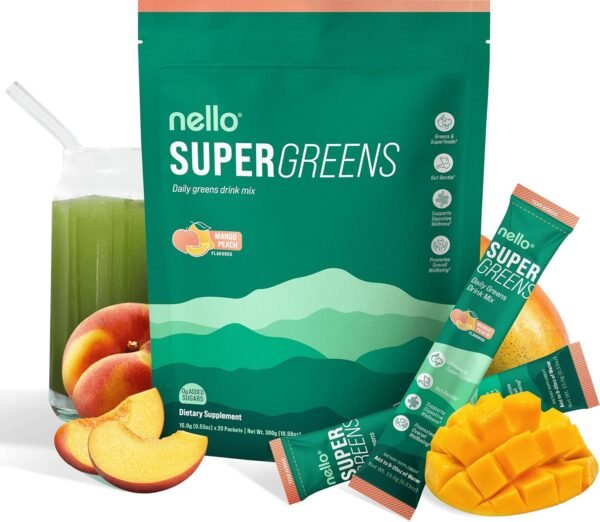 Nello Supergreens Premium Superfood Greens Drink Mix w/Chlorella, Moringa, Spinach & Broccoli + Digestive Enzymes & Probiotic Blend -Nutrient-Packed Powder Wellness (Mango Peach, 20 SRV, Travel Pack) - Image 2