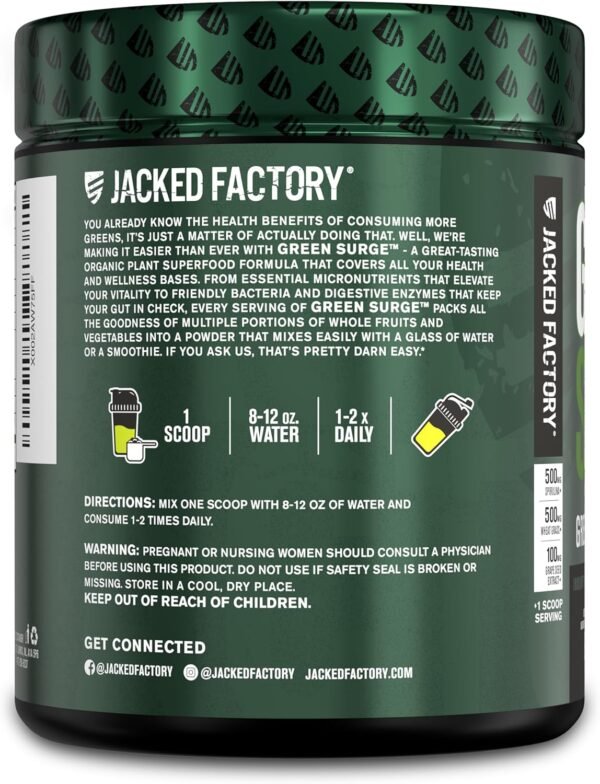 Jacked Factory Green Surge Green Superfood Powder- Keto Friendly Greens Drink w/Spirulina, Wheat & Barley Grass, Organic Greens - Green Tea Extract, Probiotics & Digestive Enzymes - Sour Apple - 30sv - Image 8