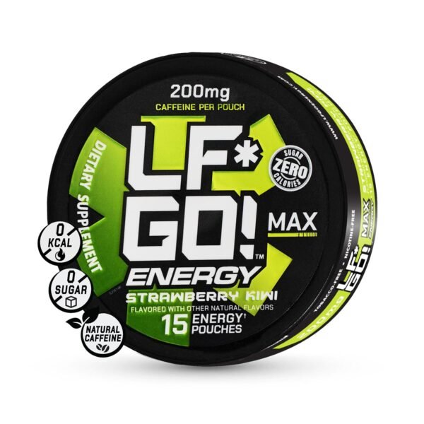 LF*GO! Energy Pouches | Caffeine Pouches | 6 Essential Vitamins and Minerals | Strawberry Kiwi | 200 mg Natural Caffeine | 0 Calories | 0 Sugar | 15 Pouches Per Can | 1 Can - Image 2