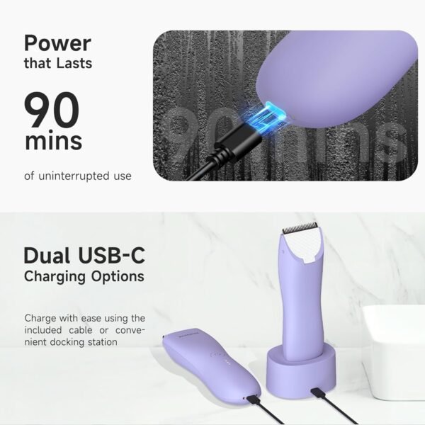 Bikini Trimmer for Women, Legs & Pubic Hair Trimmer for Women | Waterproof, Type-C Rechargeable, LED Light, Replaceable Blade, Electric Razors for Women, Womens Body Shaver (Lilac Purple) - Image 8