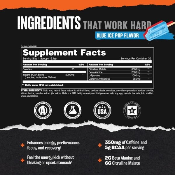 Animal Fury Pre Workout Powder - Energy and Focus Supplement with 5g BCAA, 350mg Caffeine Nitric Oxide Booster with Beta-Alanine, Preworkout for Men and Women, Blue Ice Pop Flavor, 30 Servings - Image 4
