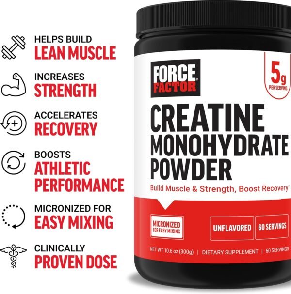 FORCE FACTOR Creatine Monohydrate, Creatine Powder for Muscle Gain, More Strength, and Faster Workout Recovery, Clinically Studied Micronized Creatine 5g Dose Per Serving, Unflavored, 60 Servings - Image 3