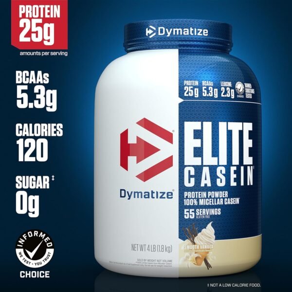 Dymatize Elite Casein Protein Powder, Slow Absorbing with Muscle Building Amino Acids, 100% Micellar Casein, 25g Protein, 5.4g BCAAs & 2.3g Leucine, Helps Overnight Recovery, Smooth Vanilla, 4 Pound - Image 3