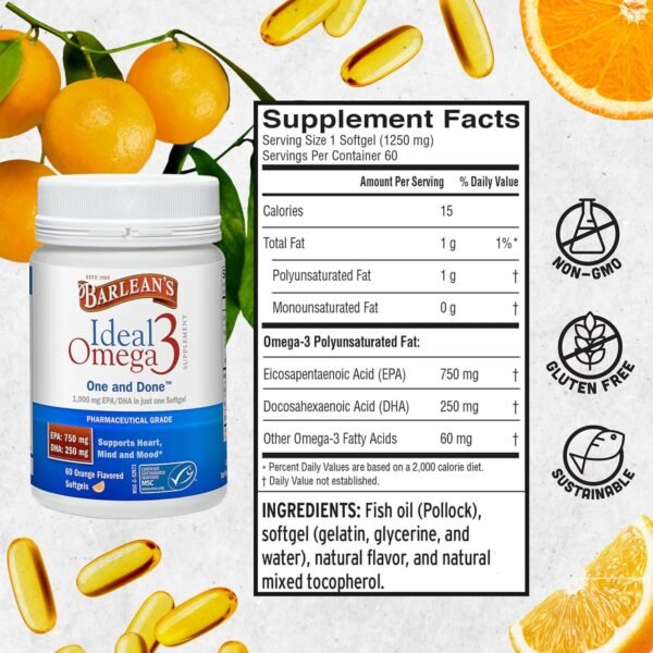 Barlean's Ideal Omega 3 Fish Oil Supplement, 1,000 mg Softgels, Pharmaceutical Grade EPA & DHA for Brain, Joint, & Heart Health, Orange Flavor, 60 ct - Image 7