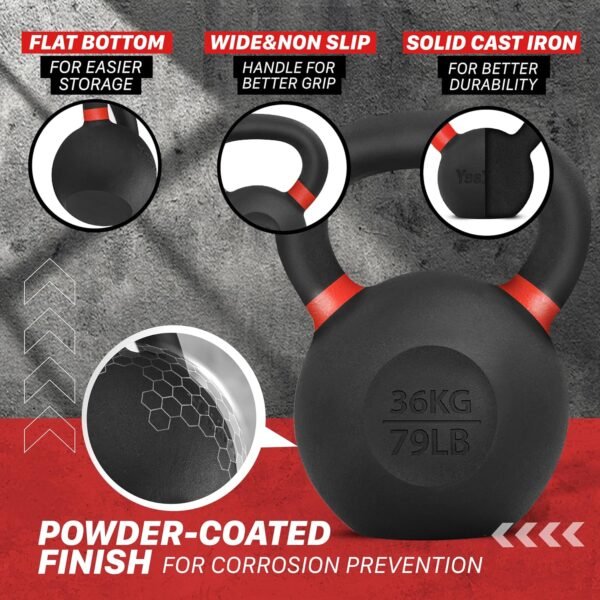 Yes4All Powder Coated Cast Iron Kettlebell Single Dark Red - 36 KG / 79 LB Strength Training Kettlebells Weight Set for Full Body Workout, Home Gym - Image 4