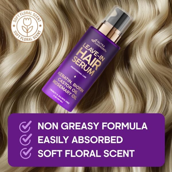 Hydrating Hair Serum for Frizzy and Damaged Hair - Keratin Hair Treatment for Dry Damaged Hair w/ Biotin, Castor Oil, Rosemary Oil, Hair Heat Protectant & Anti Frizz Hair Serum For Frizzy Hair, 5 Oz - Image 9