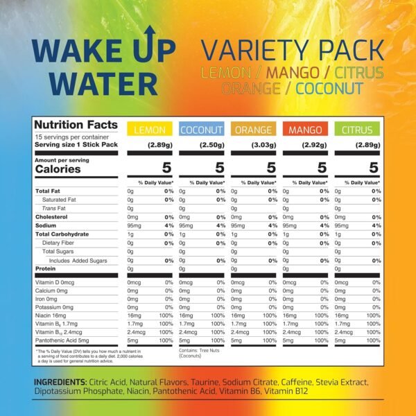 Wake Up Water - Energy + Hydration Sugar Free 15 Packet, Variety Pack - Energy Drink Powder, Electrolytes Powder Drink, Natural Caffeine Mix Packet, B Vitamins, 5 Calories, Gluten Free - .10 oz (2.9g) - Image 3