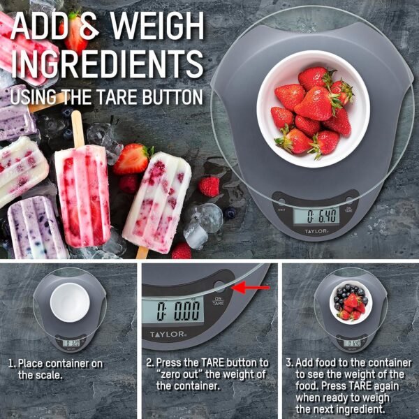 Taylor Digital Kitchen Scale with Glass Platform, Tare Button, and Plastic Body Weighs up to 11 Pounds Capacity, Silver - Image 5