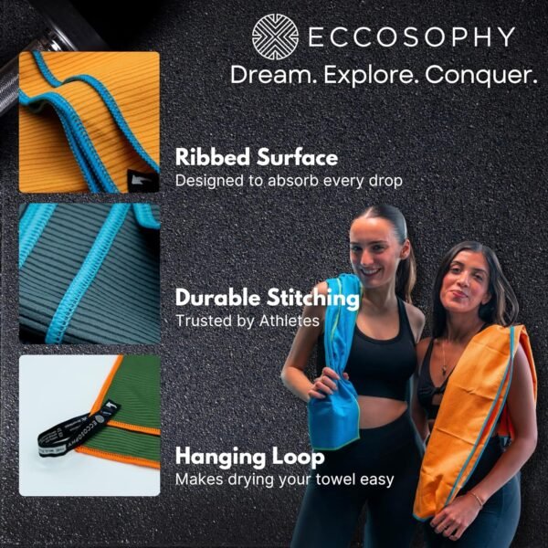 ECCOSOPHY Microfiber Gym Towel for Working Out - Quick Dry Towels with Highly Absorbent Ribbed Texture for Sweat During Workout Yoga Sports & Camping - Ideal for Fitness & Exercise (71x35-Charcoal) - Image 3