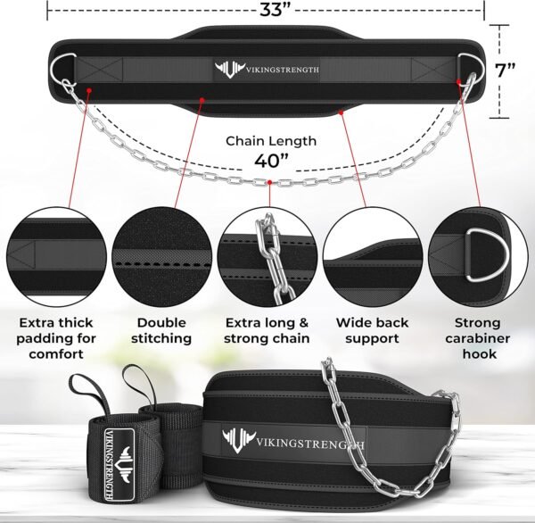 Vikingstrength Dip Belt for Weight Lifting Including Wrist Wraps. Premium Padded Dips Belt with Long Chain for Pullups Triceps Weighted belt for Workout Powerlifting + V-Strength Workout App - Image 3