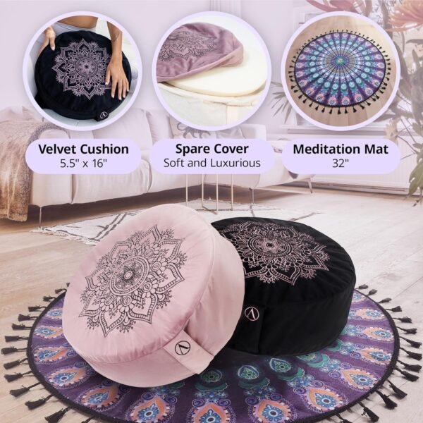 Aila Meditation Cushion with Yoga Mat – Luxurious Meditation Accessories Spiritual Decor Zafu Meditation Cushion – Meditation Floor Pillow for Women Include Extra Cushion Cover – Memory Foam Material - Image 3