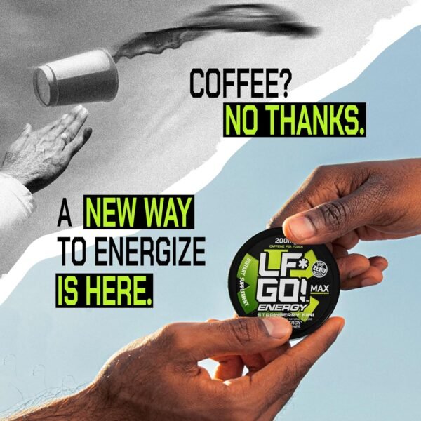 LF*GO! Energy Pouches | Caffeine Pouches | 6 Essential Vitamins and Minerals | Strawberry Kiwi | 200 mg Natural Caffeine | 0 Calories | 0 Sugar | 15 Pouches Per Can | 1 Can - Image 8