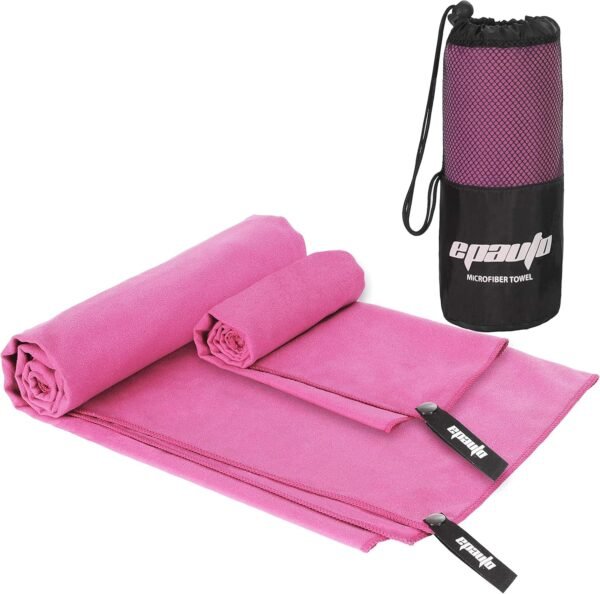 EPAuto 2-Pack Microfiber Fast Drying Travel Gym Towels, Pink, (60''x30'', 24''x15'') - Image 2