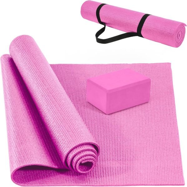 All Purpose 0.25 Inch Thick High Density No Tear Exercise Yoga Mat with Strap & Lightweight Features for Indoor & Outdoor Use, Pink - Image 2