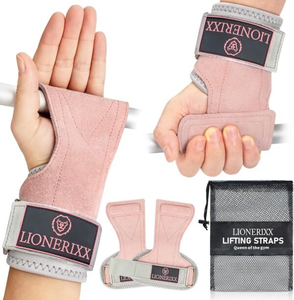 Pink Wrist Straps for Weightlifting Women - Dual Layer Leather Workout Grips for Deadlift and Powerlifting – Non-Slip Hand Wraps for Weight Lifting with Storage Bag - Image 2