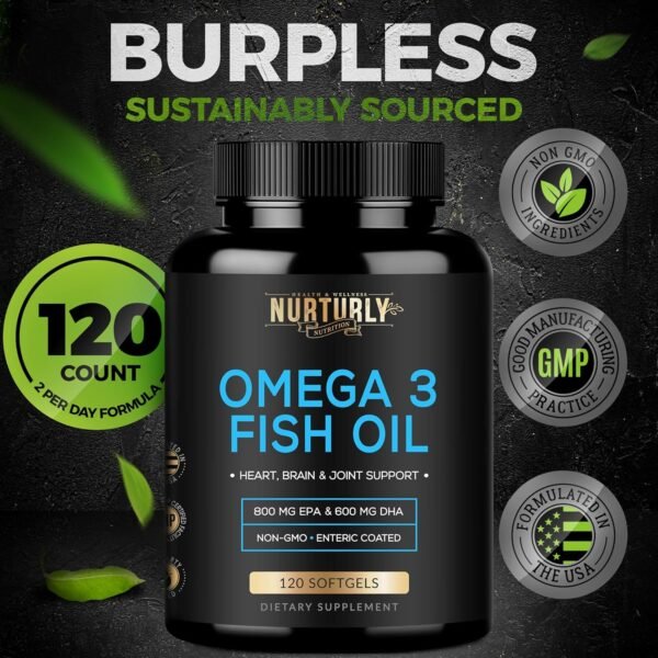 Omega 3 Fish Oil 2000mg, 800mg EPA and 600mg DHA - Enteric Coated and Burpless - Supports Brain, and Heart - Burpless, Non-GMO, 3rd Party Lab Tested and NSF Certified - 120 Softgels - Image 7