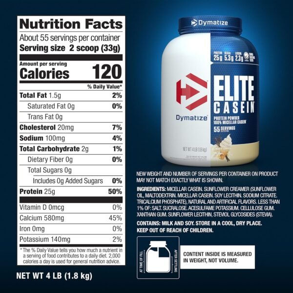 Dymatize Elite Casein Protein Powder, Slow Absorbing with Muscle Building Amino Acids, 100% Micellar Casein, 25g Protein, 5.4g BCAAs & 2.3g Leucine, Helps Overnight Recovery, Smooth Vanilla, 4 Pound - Image 6