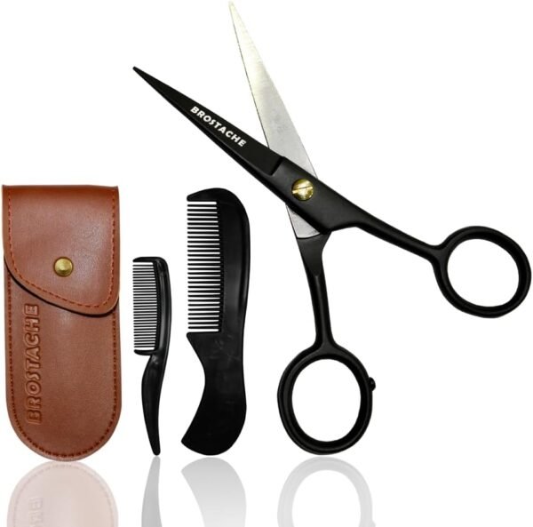 5” Professional Beard and Mustache Scissors, German Steel Beard Scissors Come with Mustache Comb, Beard Comb and Carrying Pouch. Grooming Scissor for All Facial Hair Scissors (Black). - Image 2