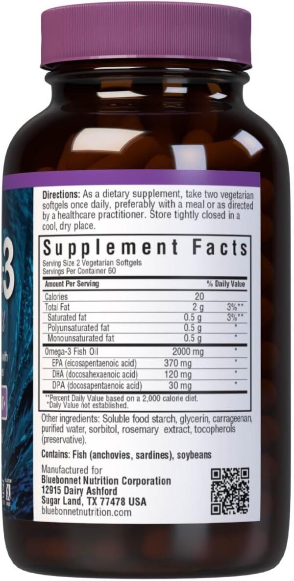 Bluebonnet Nutrition Omega-3 Kosher Fish Oil, Natural Triglyceride Form, Gluten-Free, Dairy-Free, Kosher Certified, Non-GMO, 3rd Party Tested, Molecularly Distilled, 120 Vegetarian Softgel, 60 Serving - Image 3
