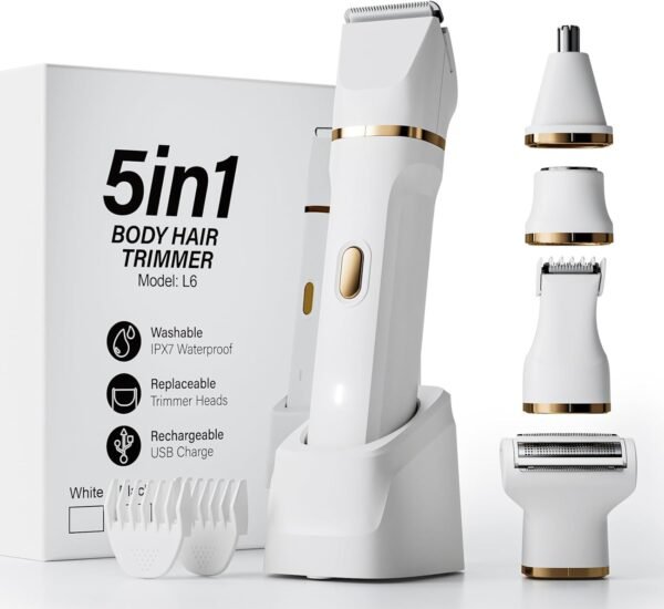 Electric Razors for Women, 5-in-1 Wet/Dry Bikini Trimmer with USB Charge Dock, Deluxe Facial Hair Removal, Wet/Dry Body Shaver for Nose Eyebrows Beard Underarm Leg Arm, IPX7 Waterproof (White) - Image 2