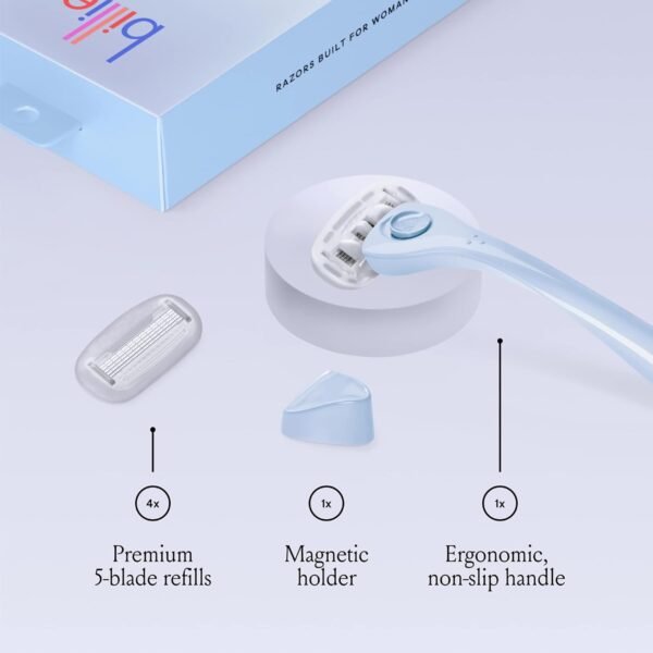 Billie Razors for Women Shave Kit – Women’s Razor + 4 x 5-Blade Razor Refills + Magnetic Holder – Cool Blue & Women’s Razor Refill Blades 5-Blade Cartridges - 4 count - Image 4