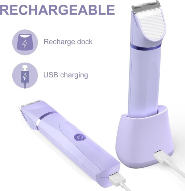 OLOV Electric Body Hair Trimmer - Groin Trimmer for Men - Bikini Trimmer Women - Wet/Dry Shaver Groomer, Replaceable Ceramic Blade Heads, USB Recharge Dock, Waterproof Hygiene Razor,Purple - Image 6