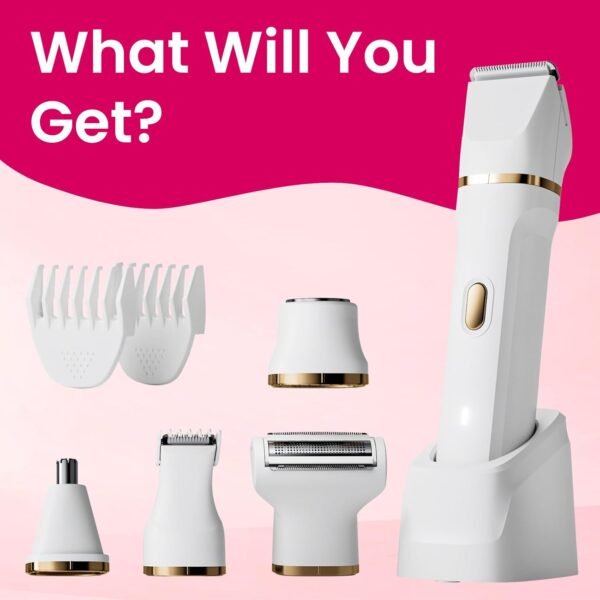 Electric Razors for Women, 5-in-1 Wet/Dry Bikini Trimmer with USB Charge Dock, Deluxe Facial Hair Removal, Wet/Dry Body Shaver for Nose Eyebrows Beard Underarm Leg Arm, IPX7 Waterproof (White) - Image 9