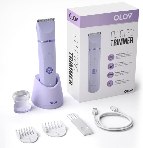 OLOV Electric Body Hair Trimmer - Groin Trimmer for Men - Bikini Trimmer Women - Wet/Dry Shaver Groomer, Replaceable Ceramic Blade Heads, USB Recharge Dock, Waterproof Hygiene Razor,Purple - Image 3